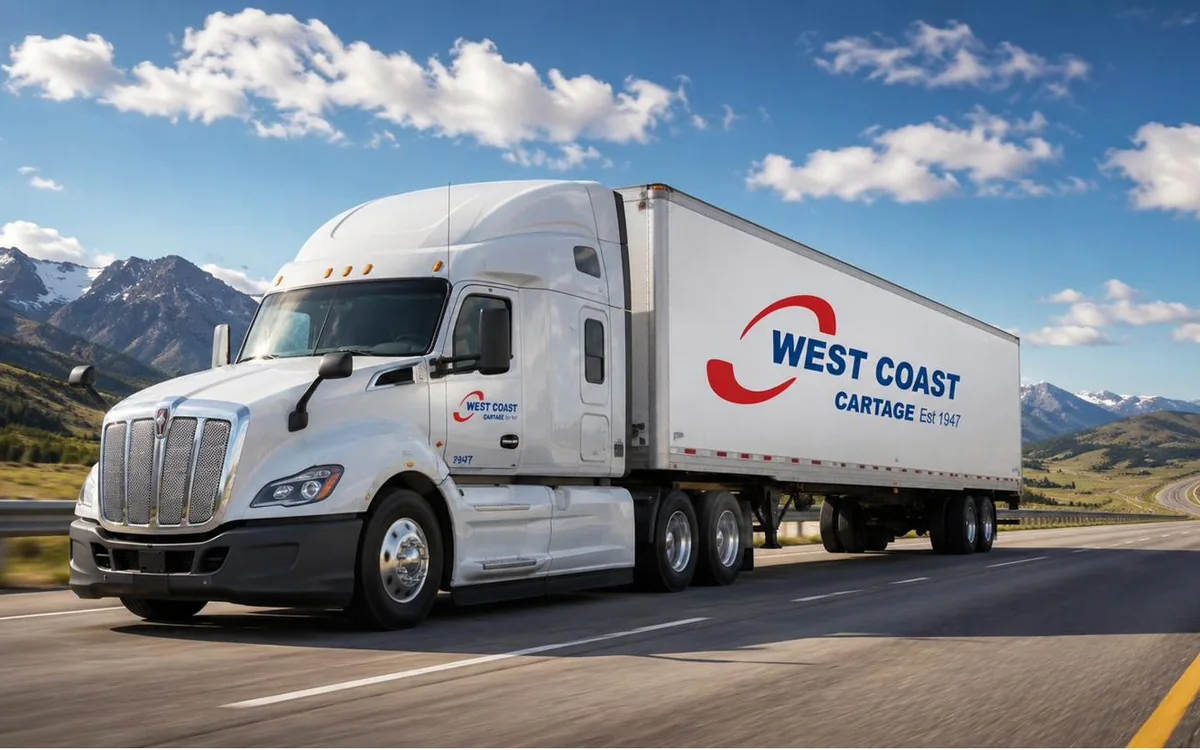 White West Coast Cartage tractor-trailer on a mountain highway